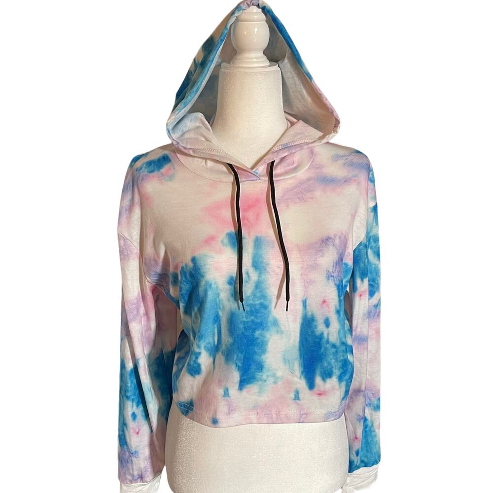 PINK AND BLUE TIE DYE LONGESLEEVE CROP TOP WITH HOODIE, LIGHTWEIGHT-BNWOT